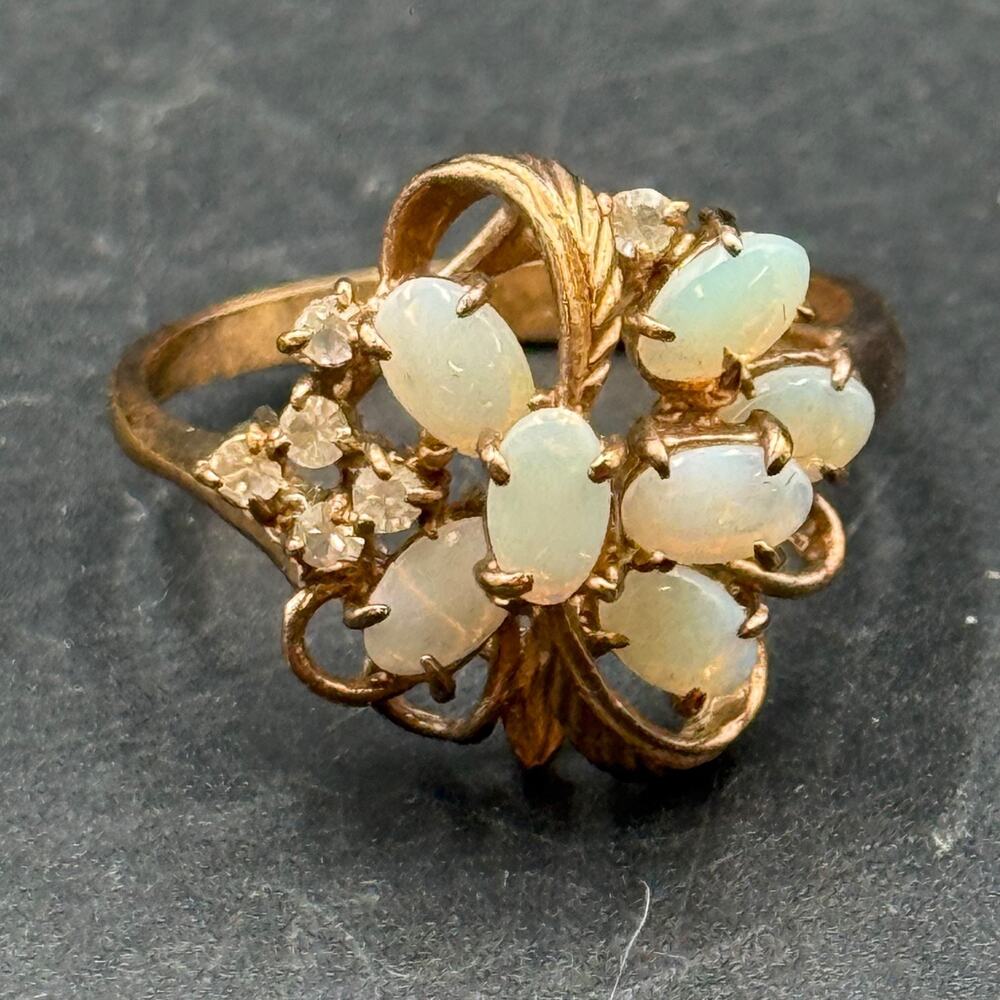 Vintage Cocktail Ring Oval Opals Floral Cluster Rhinestone Gold Tone